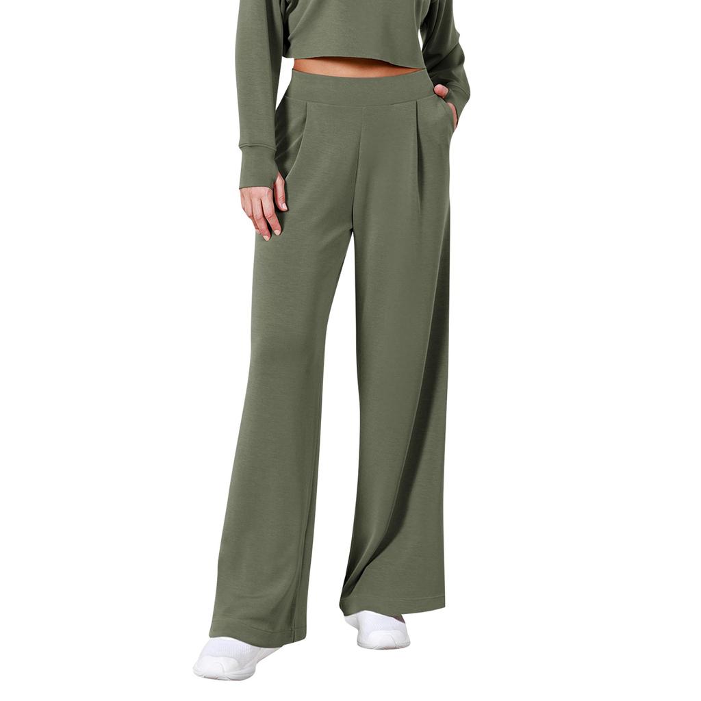 Women's Fashion Color Elastic Waist Wide Leg Pants High Waist Pocket Casual Pants