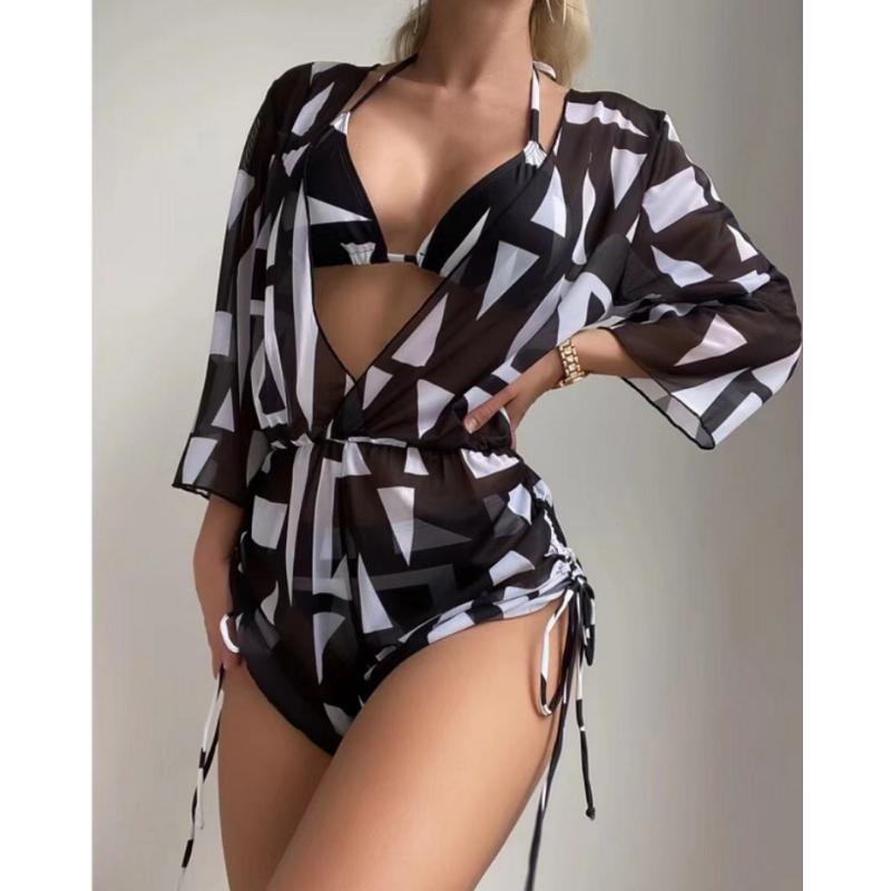 3 Piece Leaf Print Bikini Set Long Sleeve Sun Protection Cover Up Drawstring Waist Slimming Fashion Beach Vacation Bathing Suit