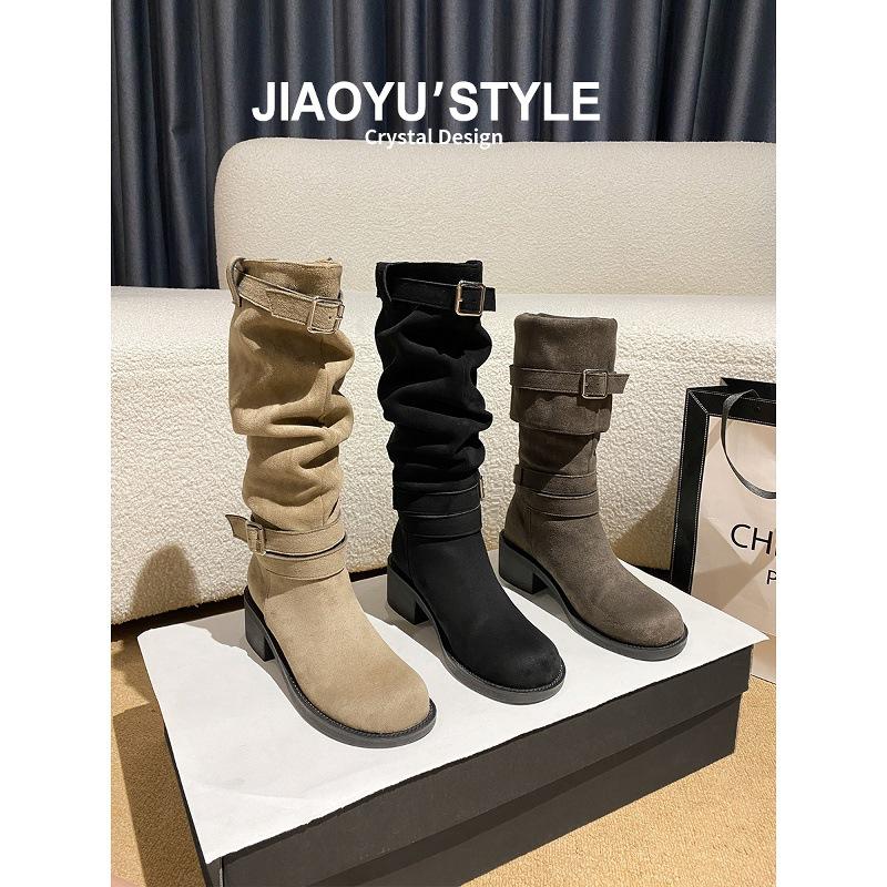 Cowhide version~ pleated pile fashion boots women's thick heel thin versatile soft leather boots western boots tall knight boots