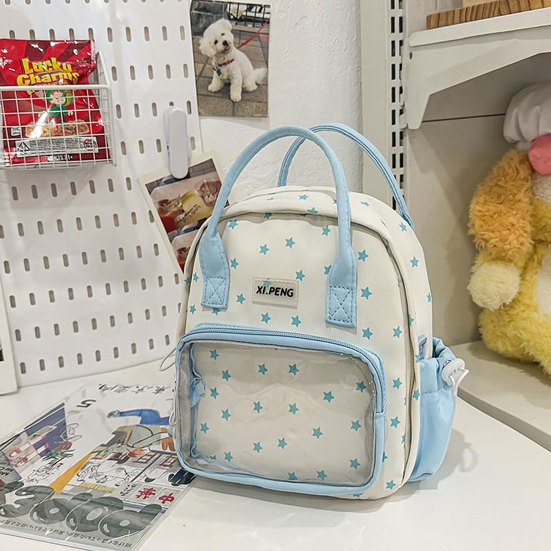 Fashionable Star Patterned Student Backpack With Transparent Compartment For Daily Use