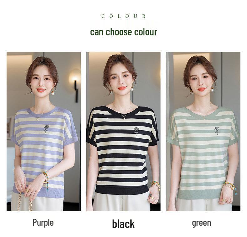 Stylish Summer Knit Striped Short-Sleeve T-shirt for Mom - Loose Fit, Round Neck, Ice Silk, Middle-Aged & Elderly Women