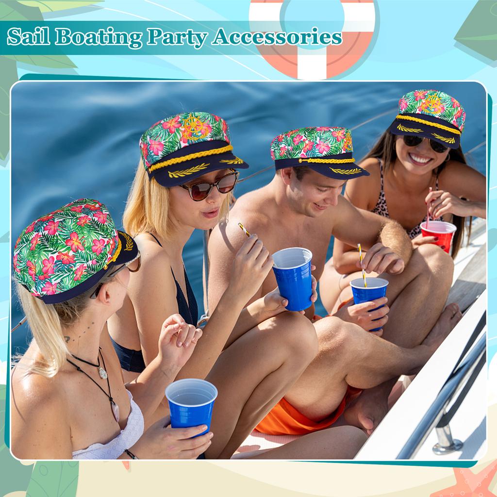 4 шт. Гавайські Квіткові Капітанські Капелюхи - Регульовані Капелюхи Яхтового Моряка Для Хелловіну, Катання на Човні, Морських Подій та Вечірок - Темно-синій Вишитий Костюм