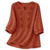Blusa de Algodón y Lino para Mujer Bordada Floral Cuello en V Manga 3/4 Tops Casuales de Corte Holgado Camisas Tunica para Oficina Vacaciones Streetwear