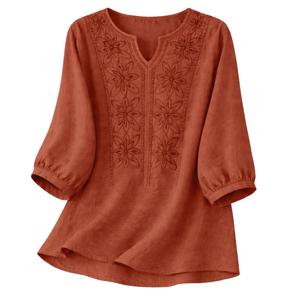 Blusa de Algodón y Lino para Mujer Bordada Floral Cuello en V Manga 3/4 Tops Casuales de Corte Holgado Camisas Tunica para Oficina Vacaciones Streetwear
