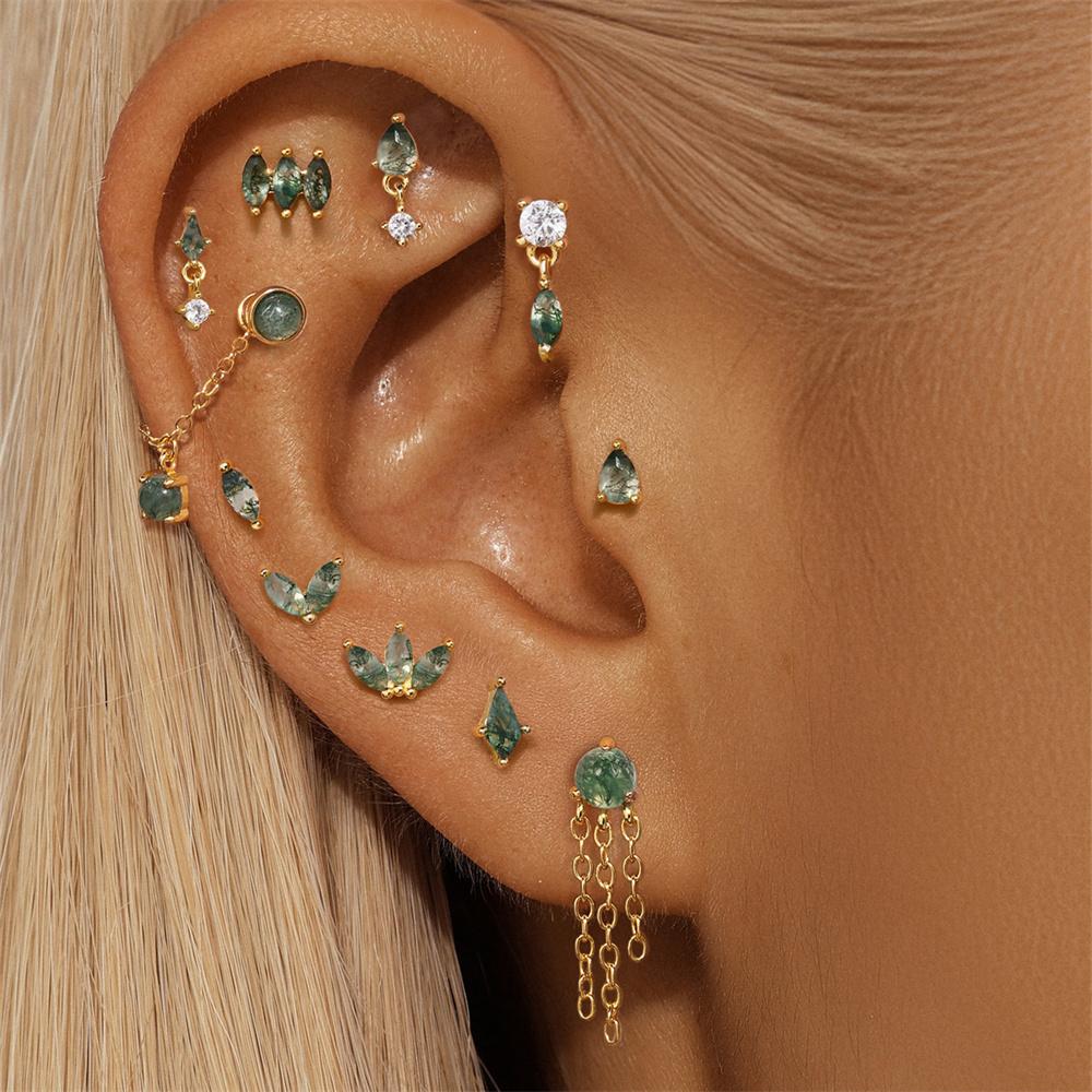 CANNER 1PC Natural Water Grass Horse Eye Zircon 925 Silver Piercing Earrings For Women Ins Simple Green Moss Earring
