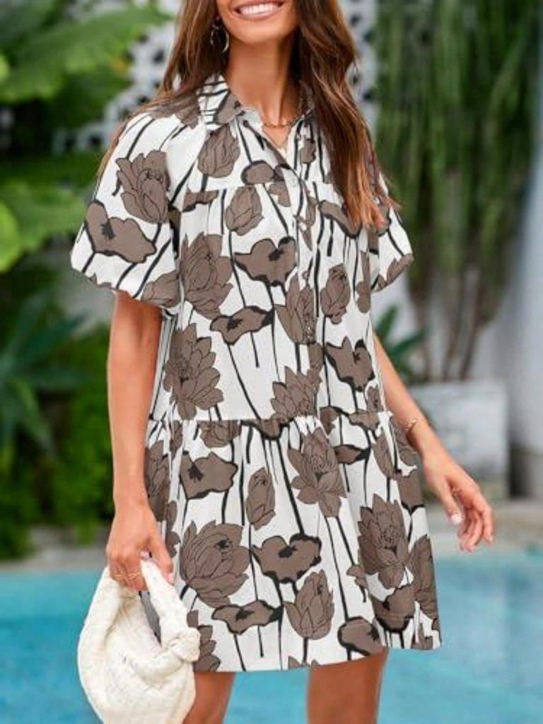 Womens Floral Button Down Shirt Dress Puff Sleeve Loose Fit Summer Mini Dress