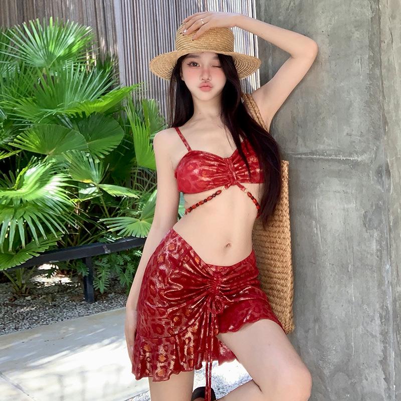 Korean Style Leopard Print Red Bikini: Sexy Beach Vacation Swimsuit for Women