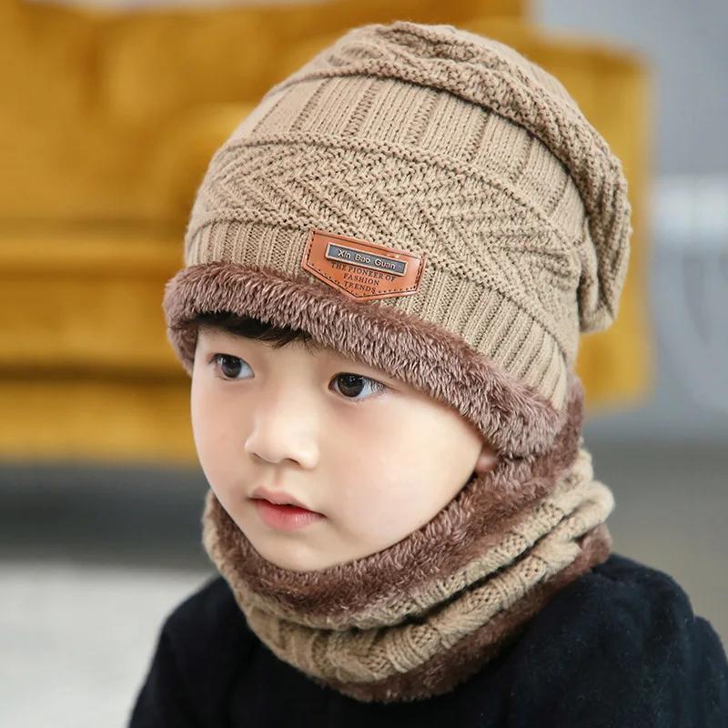 Herbst Winter Wollmütze Schal Set Jungen Dicke Warme Strickmütze Kinder Samt Skullies Beanies Mütze Sturmhaube Kinder Mütze Skimütze
