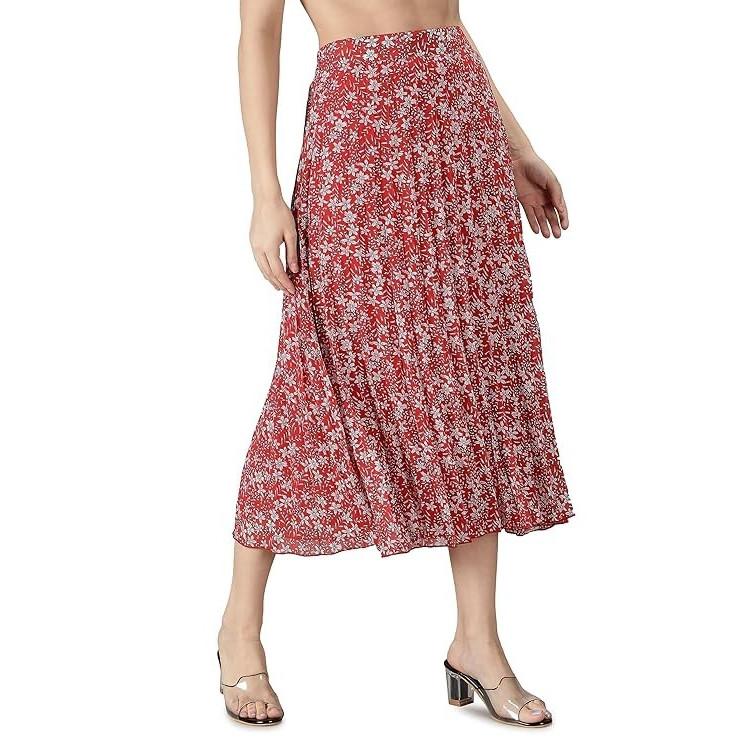 Red Floral Printed Flared Skirt Indian Women's Casual Wear Middi Skirt Dress