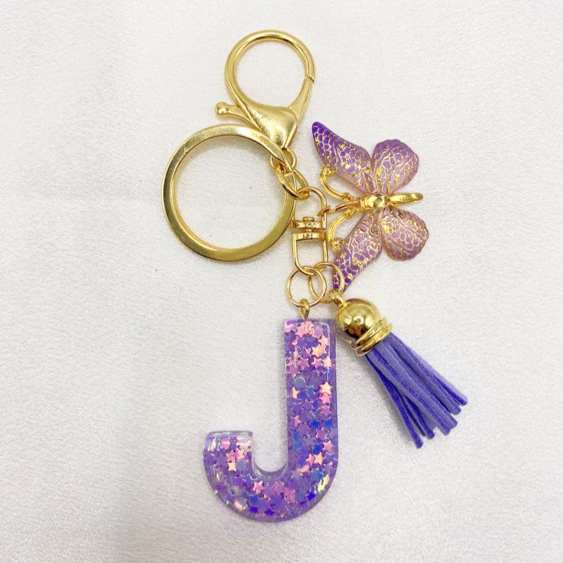 26-Letter Alphabet Resin Keychain with Star Sequins & Tassel Charm