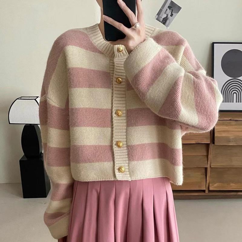 Color Block Striped Women's Sweater Lazy Style Knit Cardigan Korean-Style Fashionable Loose Crew Neck