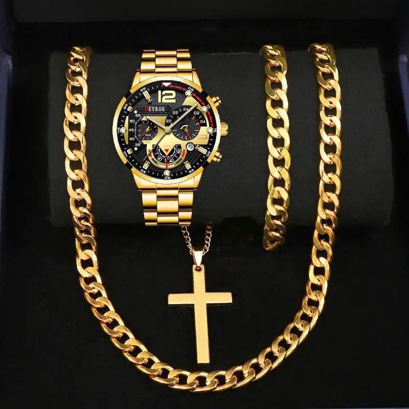 Watch Gold Four-Piece Men S Accessories Watch Necklace Bracelet Cross Necklace