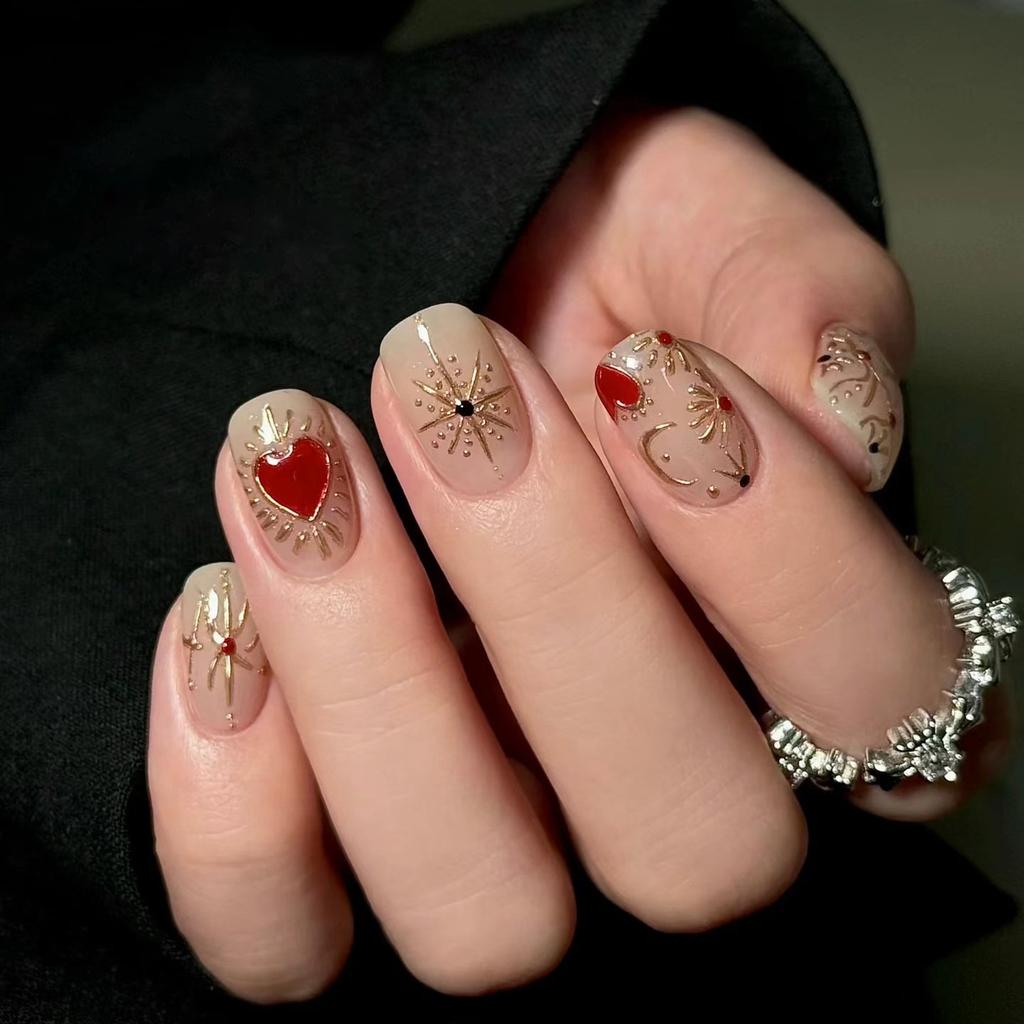 24Pcs Short Square 3D Gilded Red Heart Press On Nails Reusable Full Cover False Nail Tips