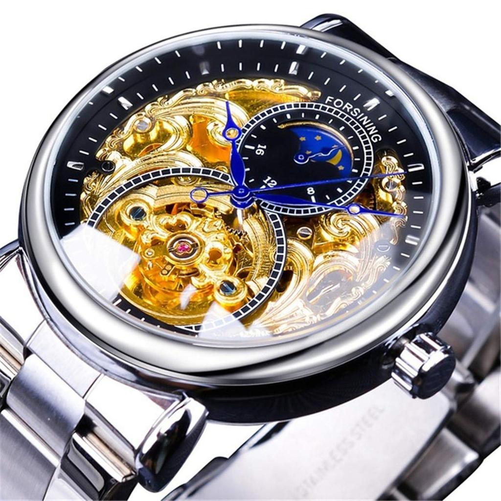 FORTINING Herren Automatische Analoguhr, Mode Skelett Tourbillon, Wasserdicht Mondphase Leder Mechanische Uhr (Silber & Schwarz & Stahlstreifen)