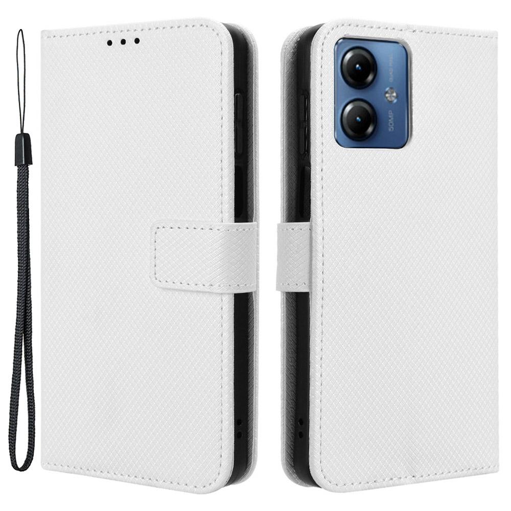 

For Motorola Moto G14 4G PU Leather Wallet Case Shell Diamond Texture Drop-proof Stand Phone Cover White