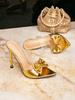 Women's high-heeled sandals gold fashion high-heeled women's shoes one-pedal pointed head decorative bow simple high-heeled sandals