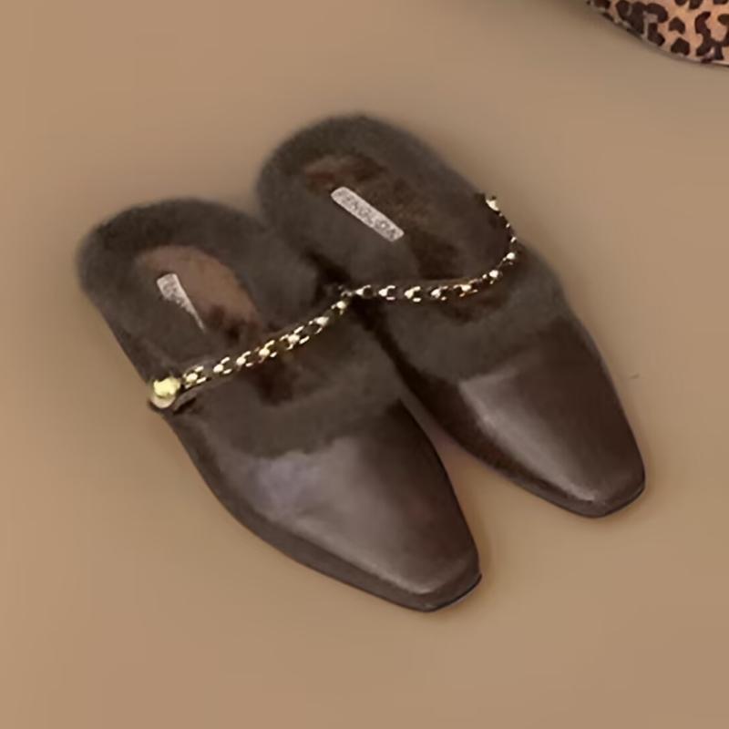 

Леопардовые женские туфли на плоской подошве с мехом, повседневные шлепанцы, зимние мюли, модная обувь 2025 года, короткие туфли на каблуке из плюша, женские туфли на каблуке 40 коричневый