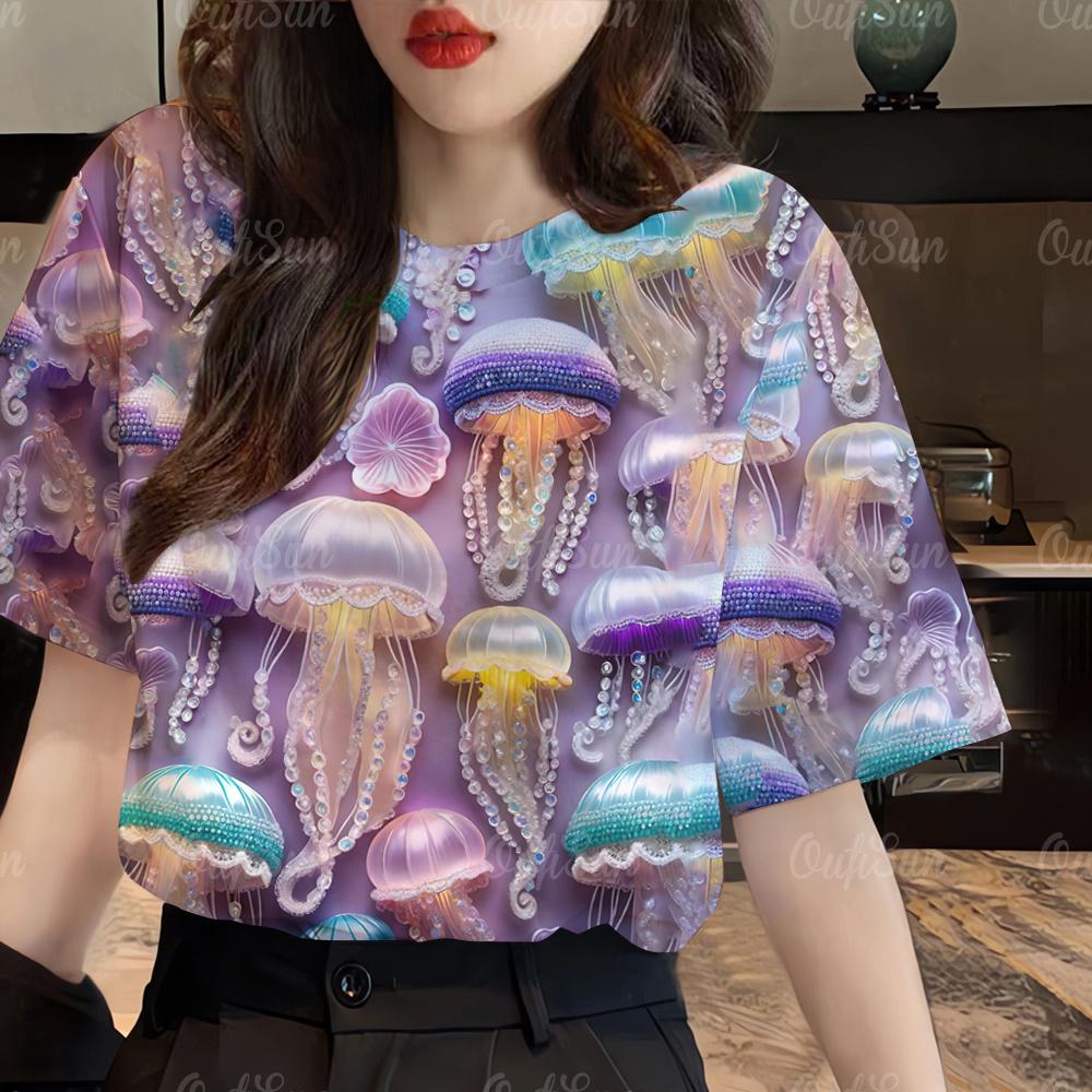 Modny T-shirt damski z krótkim rękawem z okrągłym dekoltem na co dzień 2024 z nadrukiem zwierząt morskich, koszulka plus size, damski letni luźny T-shirt