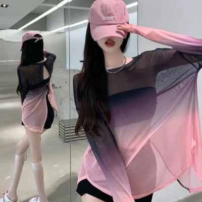 Camiseta de Alça Fina com Costas Vazadas Gradiente de Seda de Gelo Solta Roupa Protetora Solar Moda Verão Gótico Vintage Camisas Femininas Tops Sexy