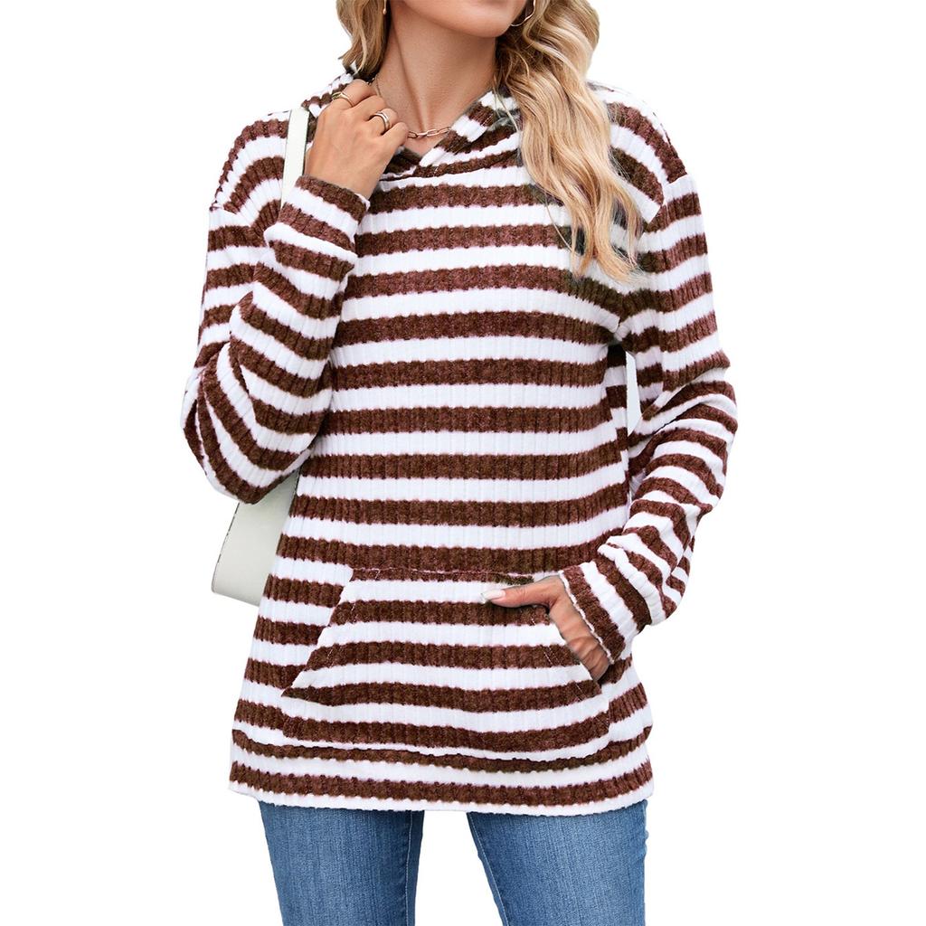 Women's Fashionable Casual Striped Hooded Pocket Loose Long Sleeved Pullover Top