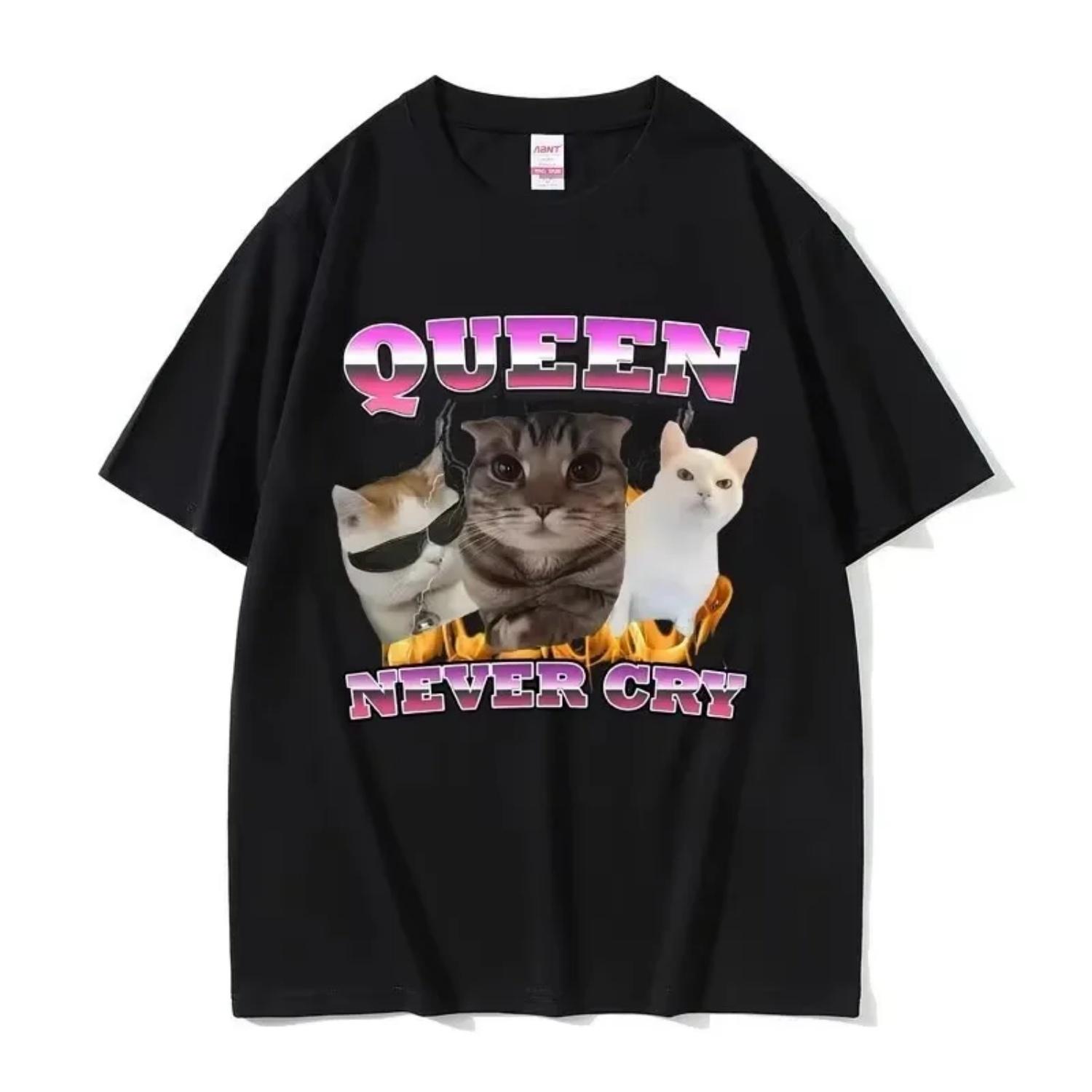 

Vintage Queen Never Cry Cat Funny Meme Graphic T Shirt Men Summer Casual Humor Silly Cats Lover T-shirts Cotton Short Sleeve Tee S чёрный
