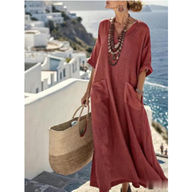 3D digital printing V-neck five-quarter sleeve long pocket Kaftan dress