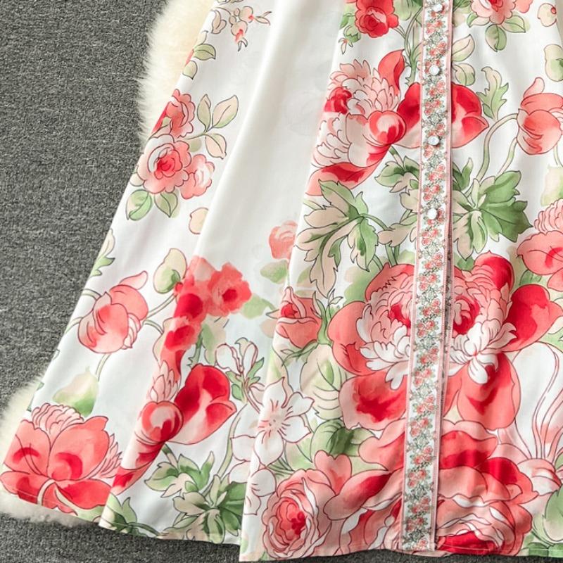 Jednořadé košilové šaty pro ženy Jaro Podzim Potisk Vintage Móda Elegantní Palácový Styl Dlouhé Šaty