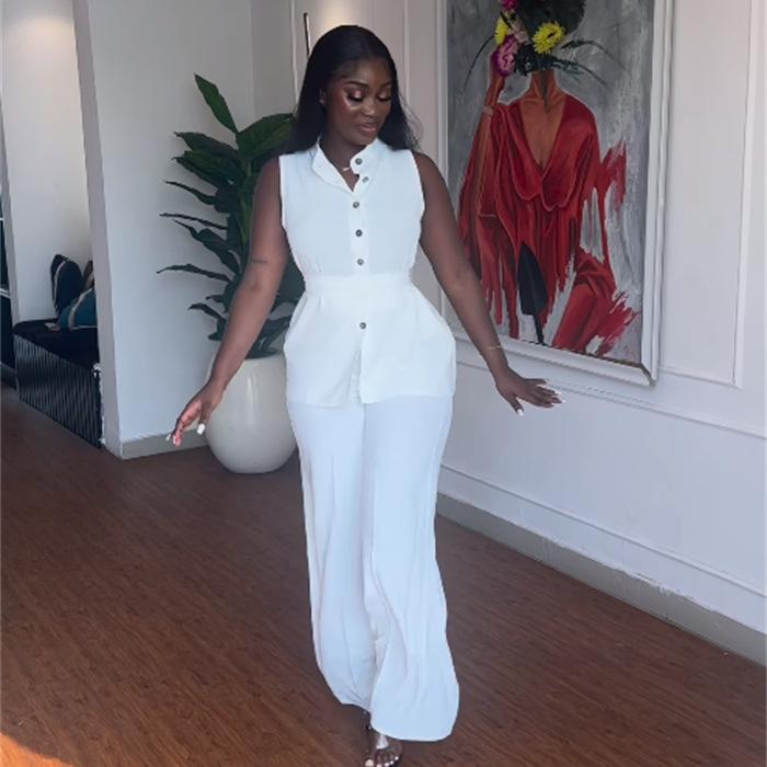 Costum cu pantaloni largi de vară pentru femei, cu guler în picioare, fără mâneci, în talie