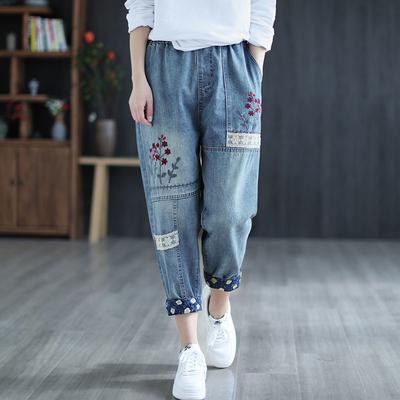 Primavera Feminino Retro Bordado Patchwork Solto Nono Jeans
