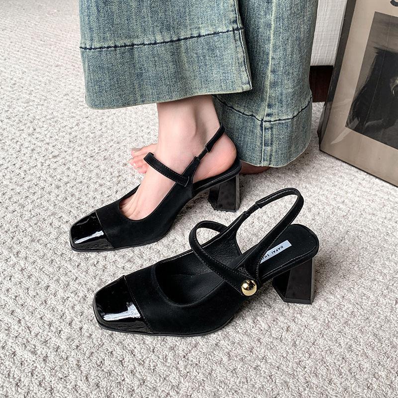 High heels Mary Jane shoes evening shoes single shoes French spring and summer soft sole with skirt square head bag head sandals women's thick