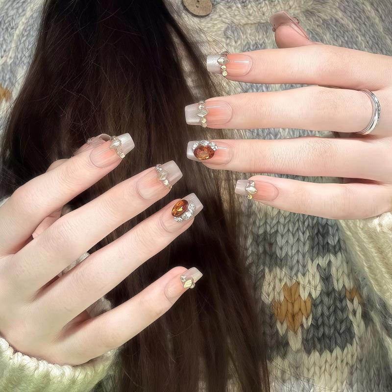 

Princess of a Thousand Gold: Autumn/Winter Cat Eye Coffee Brown Luxury Handmade Nail Stickers with Sparkling Diamonds S (Suitable for 70% of people)