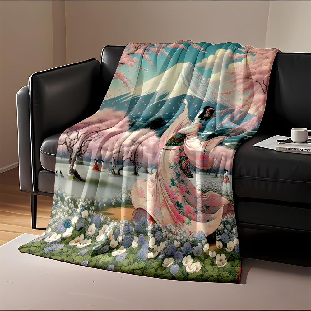 "Geisha in Cherry Blossom Garden with Mt Fuji" Flannel blanket for bedroom, living room, sofa, and nap sofas.