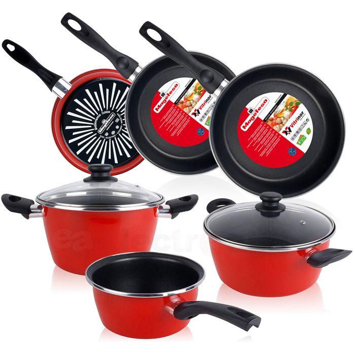 Batterie De Cuisine 5 Pièces Jeu De 3 Poêles 18-20-24 Cm Induction Antiadhésives Magefesa GRANA Rouge 91512