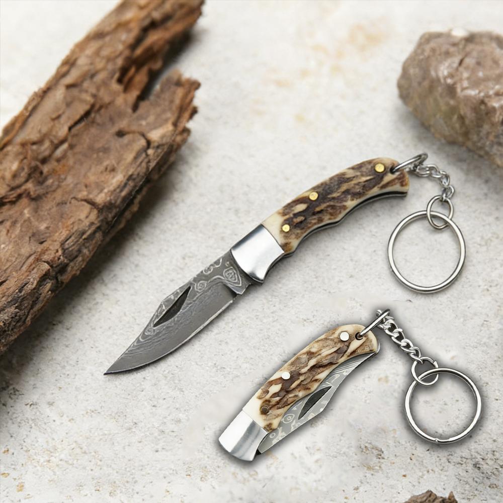 Key Ring Pocket Folding Knife Damascus Steel Blade Customized Wooden/Antler Horn Handle Ideal Camping Hiking Daily Use