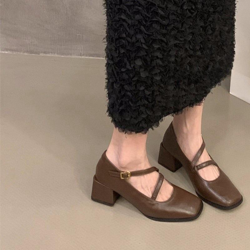 Fashion Fashion Square-toe Shallow-mouth Single Shoes Autumn New One-band Non-slip Wear-resistant Block Heel Shoes