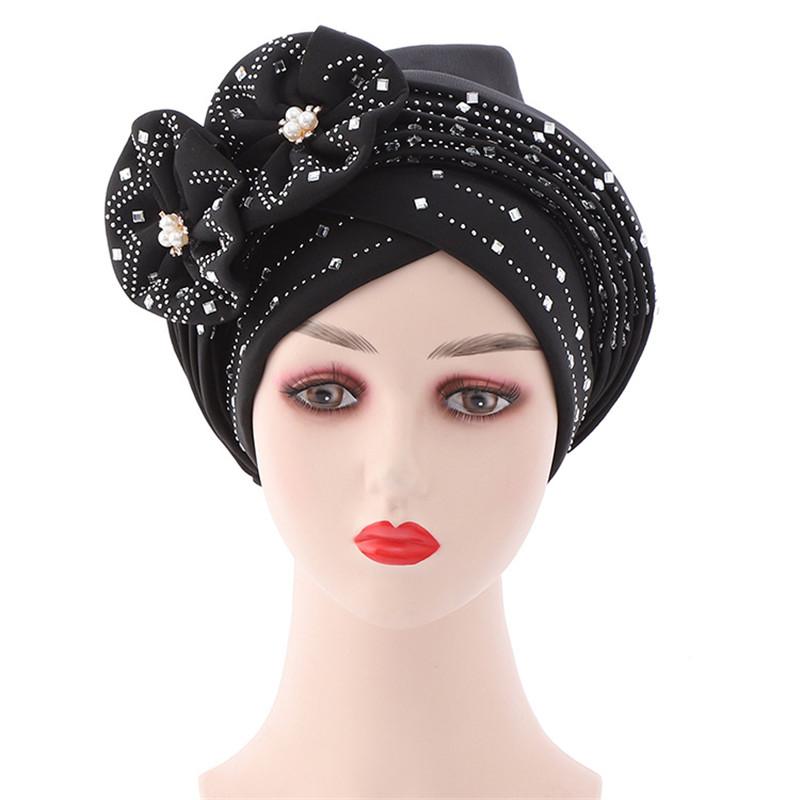 Head Wrap Turban Cap Beanie Flower Decor Rhinestone Headscarf Cap Hair Accessories