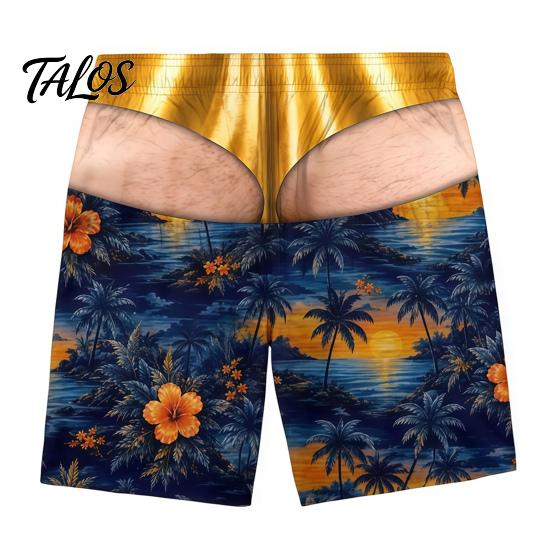 Adjustable Drawstring Swim Shorts Hairy Big Booty Shorts, USA Flag Print Men Trunks, Golden Funny Beach for Briefs Design, Summer Pool Party Vacation