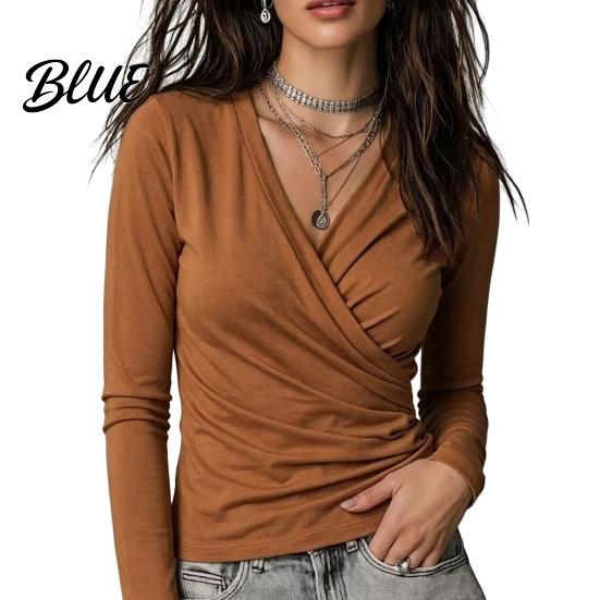 Basic Layering Shirts Cross V-Neck Long Sleeve Top for Women Slim Fit Sexy Women Blouse Pleated Shirt Fall Solid Color Casual Office Work Wear