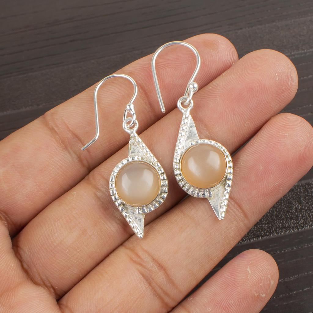 Peach Moonstone Gemstone Jewelry, 925 Solid Sterling Silver Earrings, Handmade Meditation Earrings For Wedding Gift