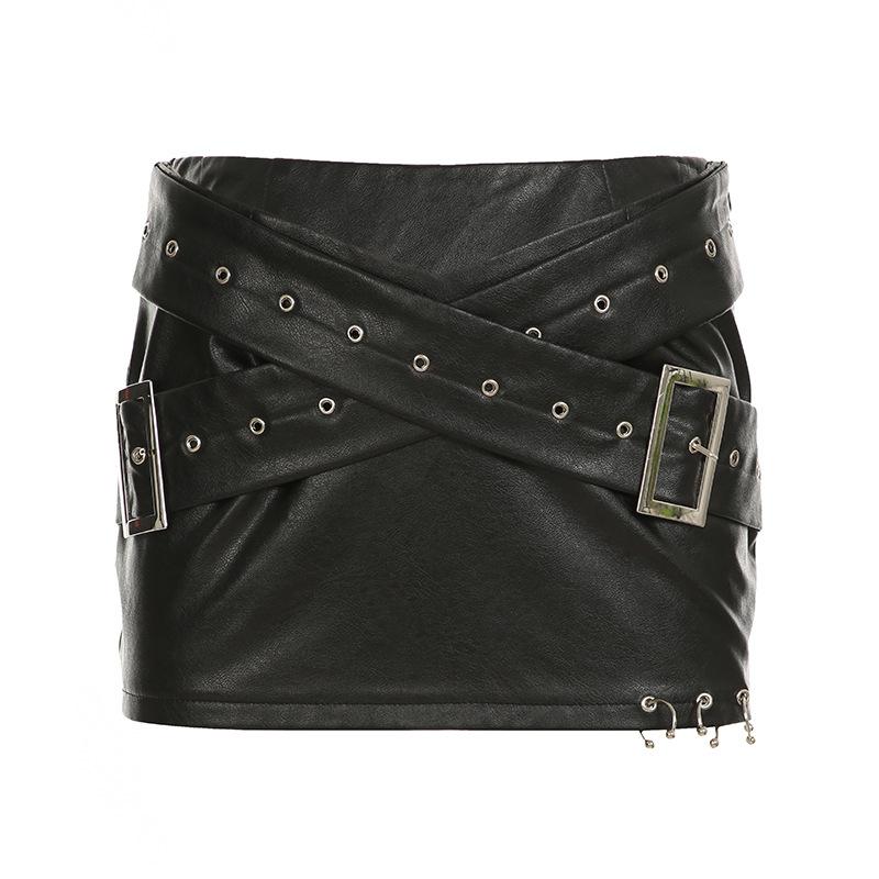 Women Heavy Leather V Low Waist Hip Personalised Punk Spice Girl Style Ring Buckle Decoration Cross Cock Eye Belt Short Skirt Suit