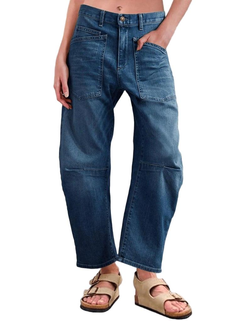 Jeans a Vita Alta Larghi a Barile da Donna Boyfriend Gamba Larga Corti in Denim