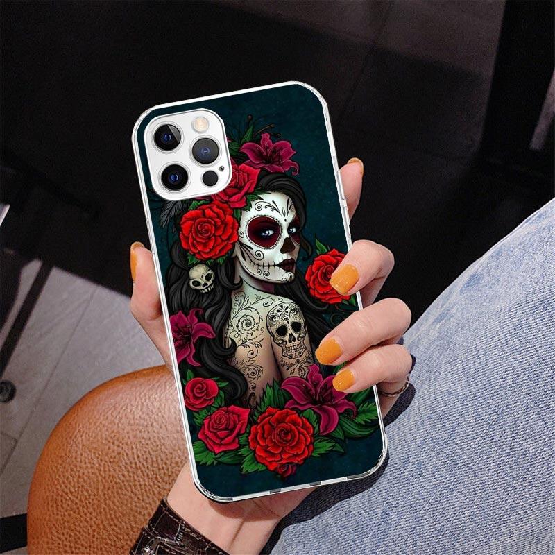 Catrina Beautiful Rose Girl Skull Phnoe Case for Iphone 17 Air 16 11 12 13 Mini 14 Plus 15 Pro Max 7 8E SE 2020 16ProMax Phone C