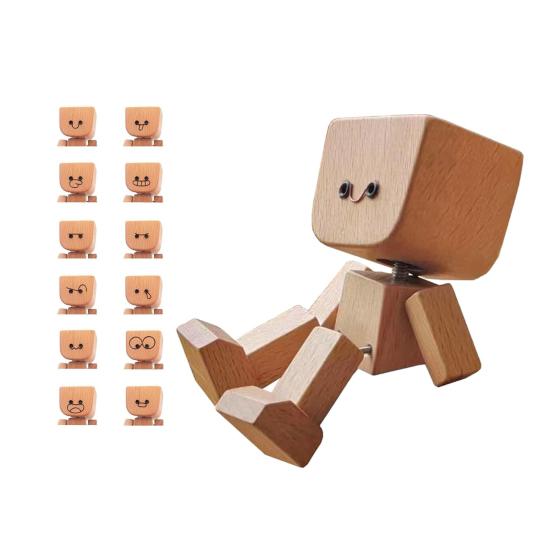 1/2 Sets Shaking Wooden Man Figurine with 12 Magnetic Expressions Handmade Shaking Feet Wooden Doll Car Dashboard Desktop Decoration