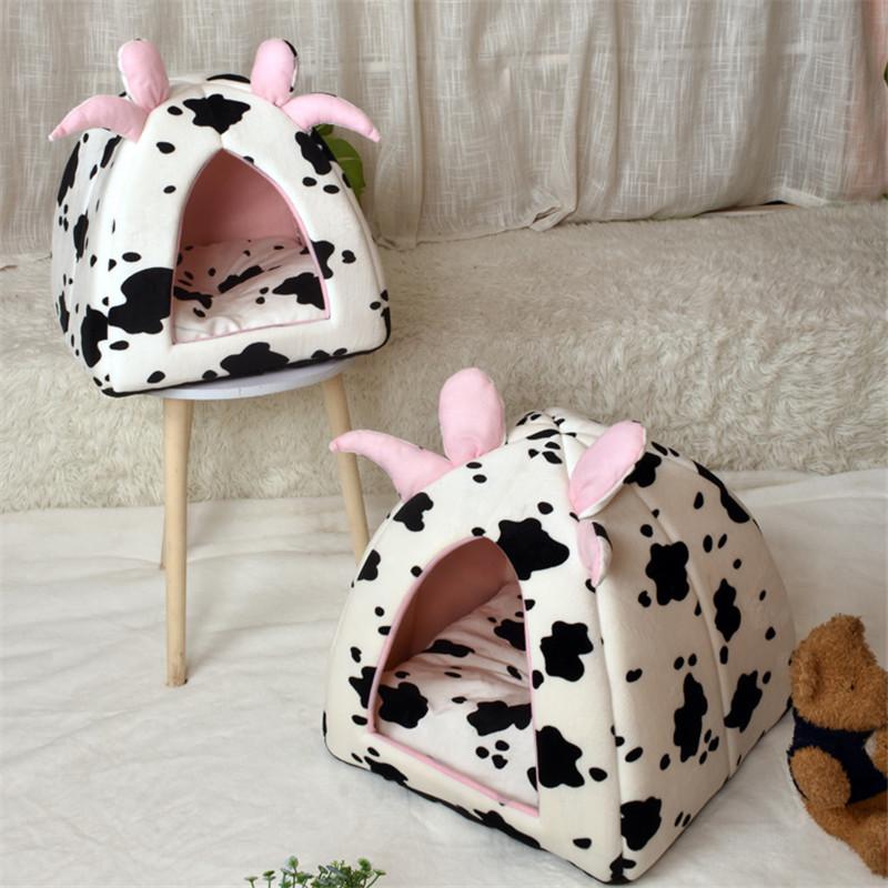Pet Tent Cave Bed for Cats Small Dogs Self-Warming Cow print Cat Tent Bed Cat Hut Comfortable Pet Sleeping Bed