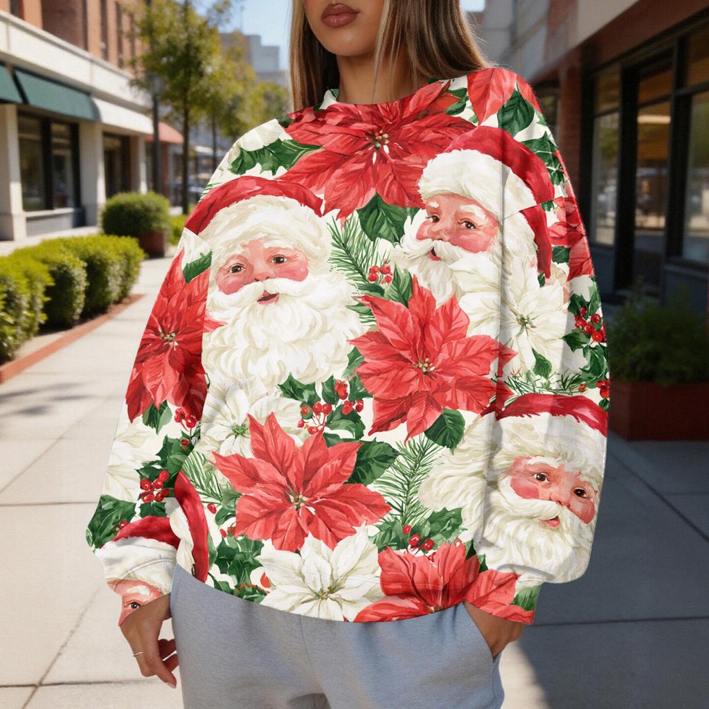 Damen Trendy Weihnachtsdruck Rundhals-Sweatshirt Leichtes Lässiges Pullover-Oberteil