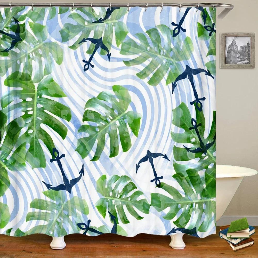 3D Printed Green Tropical Plants Shower Curtains Bathroom Waterproof Polyester Leaves Bath Curtain Shower Curtain Bath Screen
