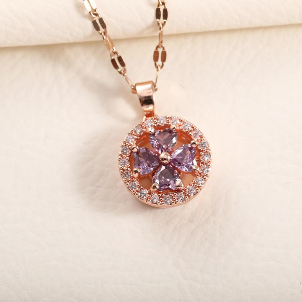 Purple Flower Zircon Necklace - Inspired by Douyin Influencers, High-End Rotating Clavicle Chain for Women