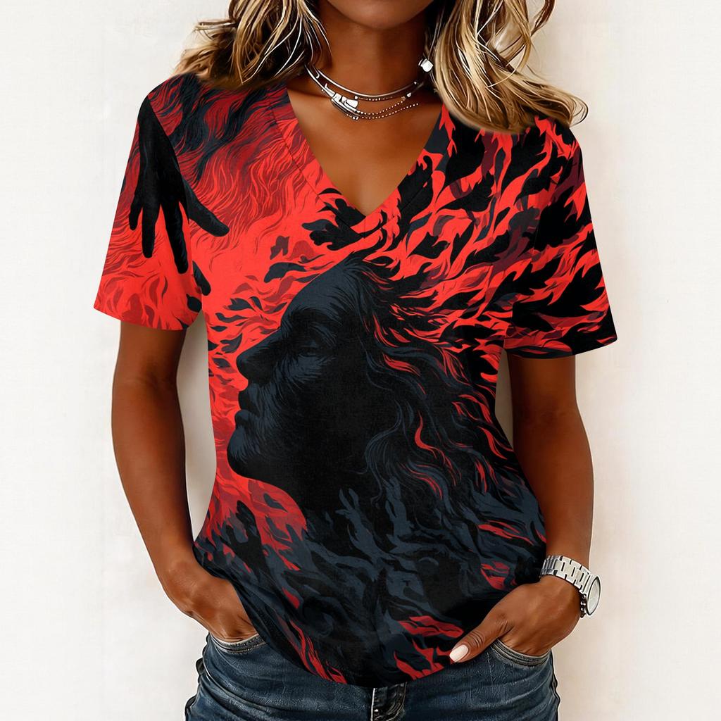 Womens Halloween Print V Neck Pullover Top Short Sleeve Casual Shirt Lightweight Comfortable Fit