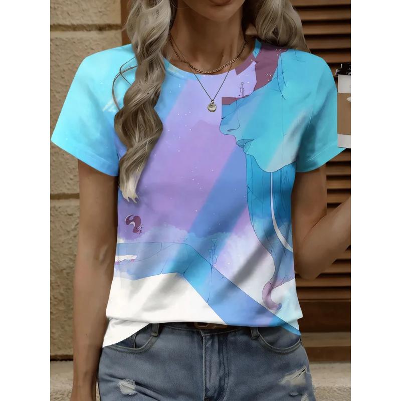 Moda Donna Girocollo Manica Corta Stampa Colore 3D Casual T-shirt Casual a Manica Corta Girocollo