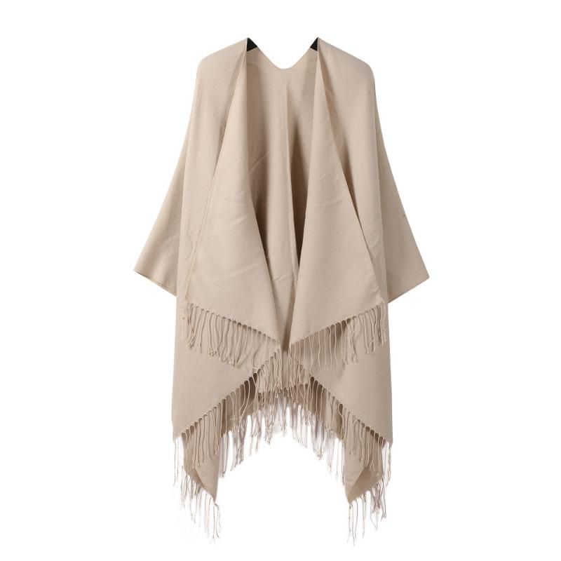 Solid Black Tassel Hem Open Front Poncho Cape Soft Faux Cashmere Wrap Shawl for Women
